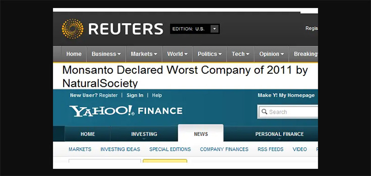 Monsanto Worst Company of 2011 Declaration Posted on Reuters, Yahoo, and More