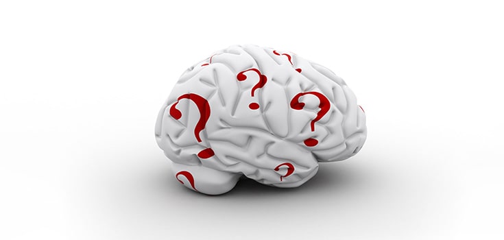 brain with question marks on it