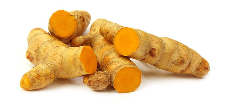 turmeric roots on white background