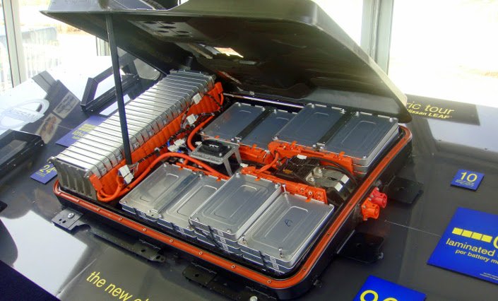 A Nissan Leaf battery pack - similar to what you might expect for a home battery.